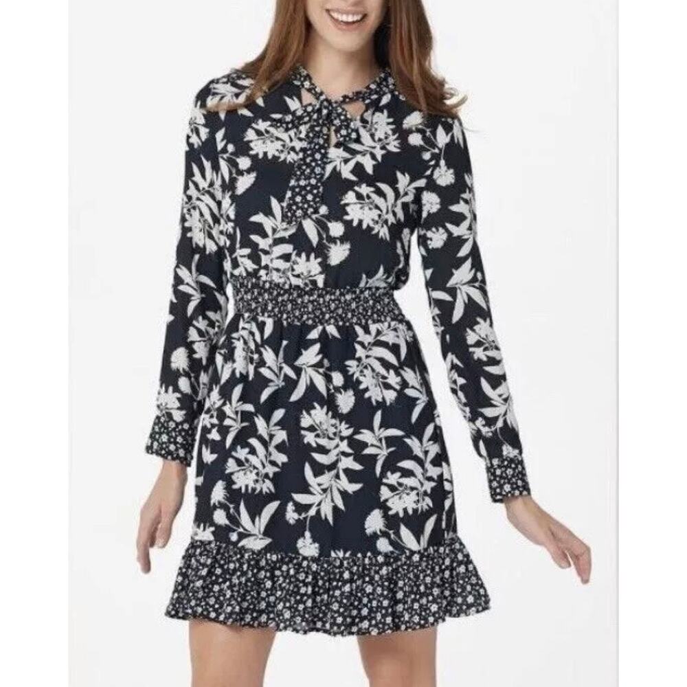 Sam‎ Edelman Graphic Botanic Tie Neck Printed Dress Black/ White Size Medium